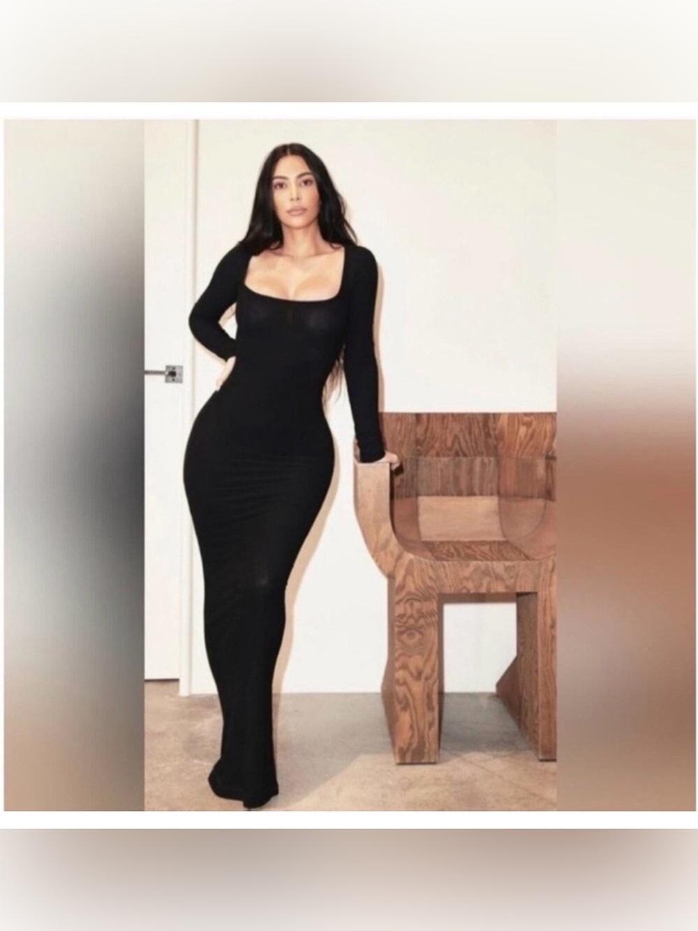 Skims ribbed black long sleeve maxi fitted dress medium soft comfy xs romantic